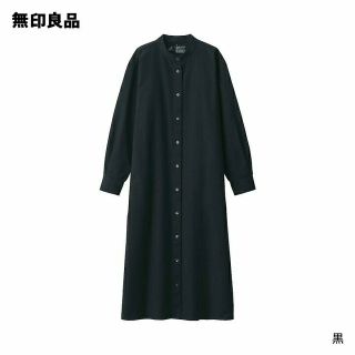 ムジルシリョウヒン(MUJI (無印良品))の●新品● 無印良品 木の実から作ったカポック混 オックス長袖ワンピース／黒／Ｌ(ひざ丈ワンピース)