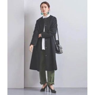 ユナイテッドアローズ(UNITED ARROWS)の【美品】ユナイテッドアローズ ベルスリーブ ノーカラーコート Aライン 黒 36(ロングコート)