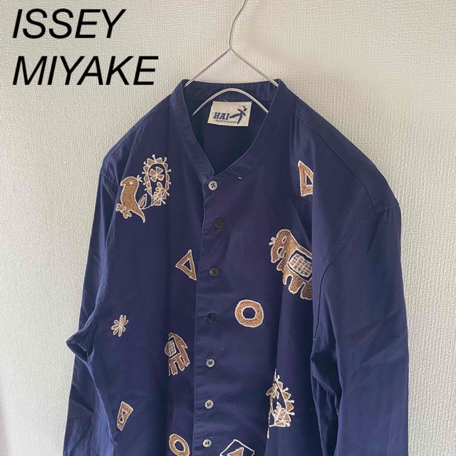 希少HAIハイISSEYMIYAKEイッセイミヤケノーカラーシャツネイビー紺L-