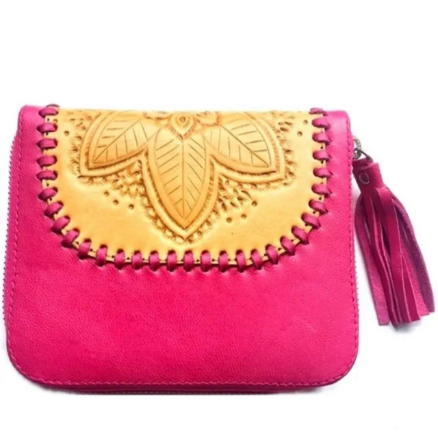 ボヘミアン 本革レザー 折財布 (ピンク×マンダラ型) ミニ財布 二つ折り財布