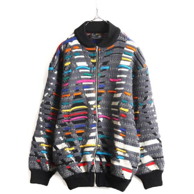 90s COOGI 3D 立体編み ウール ニット ブルゾン セーター L 総柄