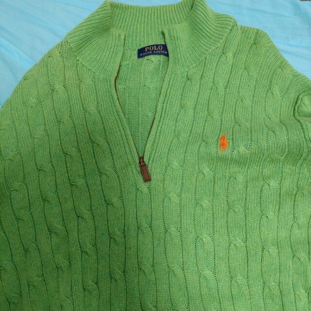 Ralph Lauren(ラルフローレン)のポロラルフローレン ハーフジップ シルク ケーブルニットセーター ポニー刺繍 緑 メンズのトップス(ニット/セーター)の商品写真