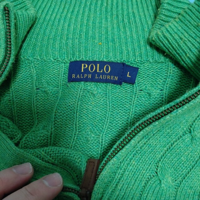 Ralph Lauren(ラルフローレン)のポロラルフローレン ハーフジップ シルク ケーブルニットセーター ポニー刺繍 緑 メンズのトップス(ニット/セーター)の商品写真