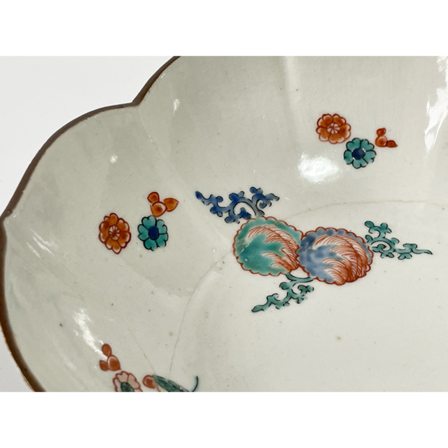 骨董 アンティーク 色絵 柿右衛門 花文様 鞠 輪花縁 鉢 菓子鉢-