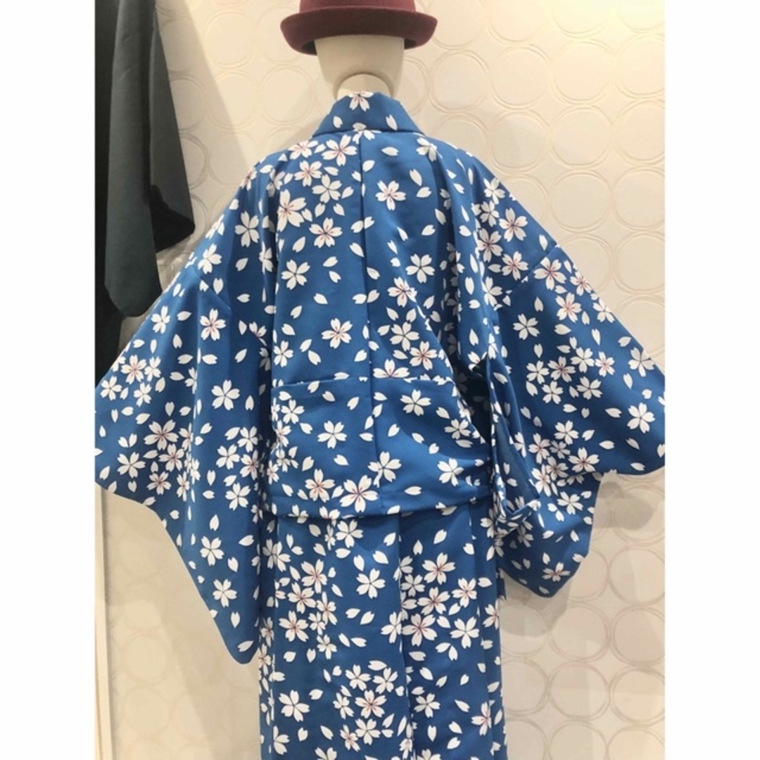 着物リメイク 青 桜道 御所車 ショート丈羽織 ロングスカート