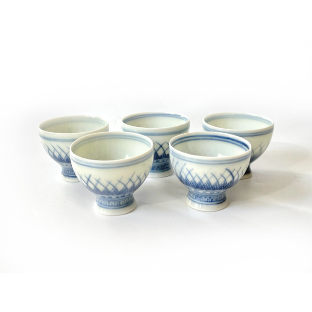 骨董 染付 草文様 盃 杯 猪口 5点 煎茶碗 煎茶道具 染付磁器 15000円