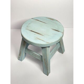 ★新品 木製 スツール アンティーク ブルー 水色 ラウンドスツール 椅子(スツール)