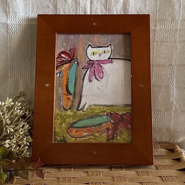 絵画 。原画【部屋の中のきれいなハイヒールと白い猫ちゃん】 エンタメ/ホビーの美術品/アンティーク(絵画/タペストリー)の商品写真