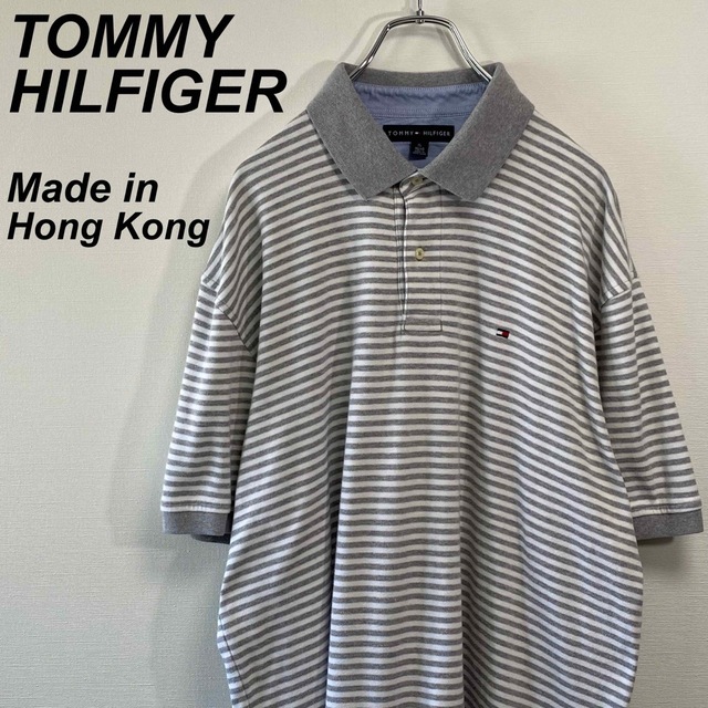 TOMMY HILFIGER(トミーヒルフィガー)の古着 トミーヒルフィガー 半袖 ポロシャツ XL ボーダー柄 刺繍ロゴ 香港製 メンズのトップス(ポロシャツ)の商品写真