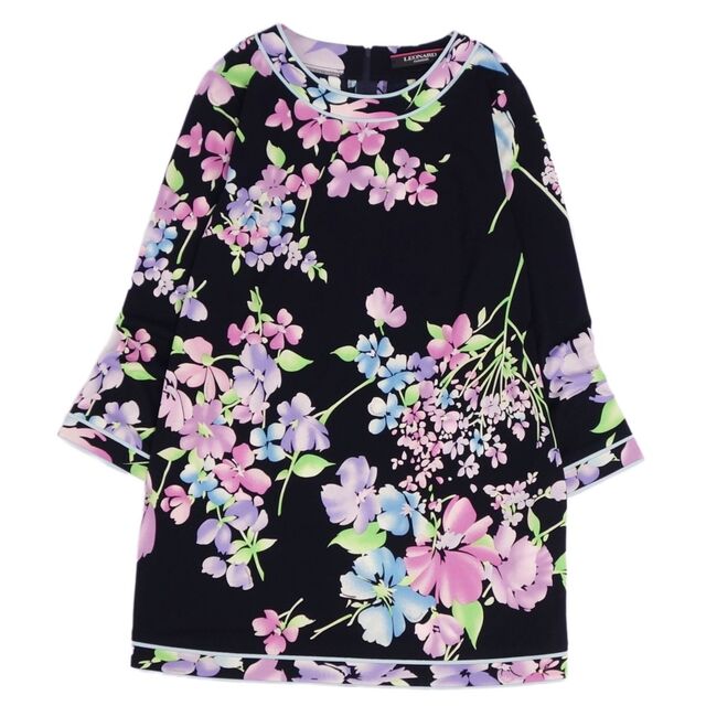 美品 レオナール LEONARD FASHION チュニック シャツ ブラウス 七分袖 花柄 ジャージー プルオーバー ジップアップ トップス レディース 38(M相当) ブラック/ピンク/ブルー/グリーン | フリマアプリ ラクマ
