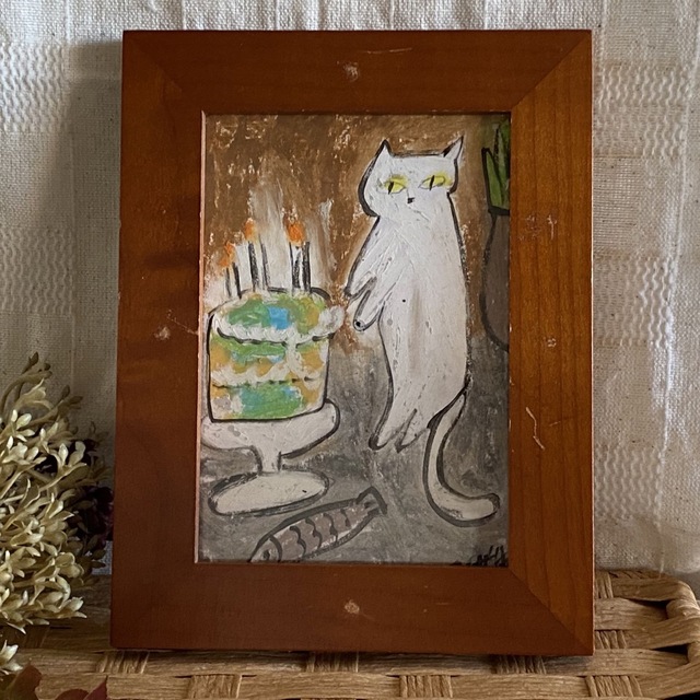 絵画 。原画【かわいい白い猫が美味しい誕生日ケーキを見た】 エンタメ/ホビーの美術品/アンティーク(絵画/タペストリー)の商品写真