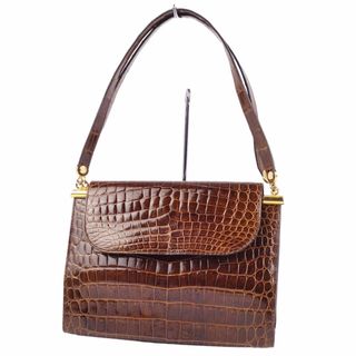 クロコダイル(Crocodile)の美品 クロコダイル CROCODILE バッグ ハンドバッグ シャイニークロコ がま口 ワニ革 レディース 鞄 ブラウン(ハンドバッグ)