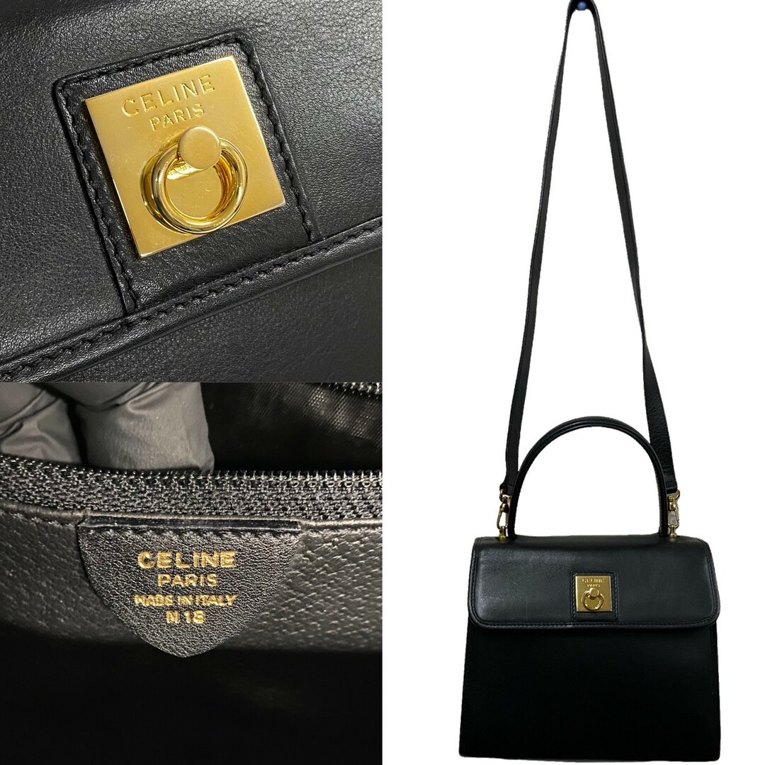 極 美品 保存袋付 CELINE セリーヌ ロゴ リング金具 レザー 本革 2way ハンドバッグ ショルダーバッグ ミニ トートバッグ ブラック  18988