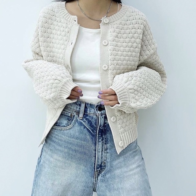 moussy(マウジー)のy/m なとりか　柄編みカーディガン　オレンジ レディースのトップス(カーディガン)の商品写真