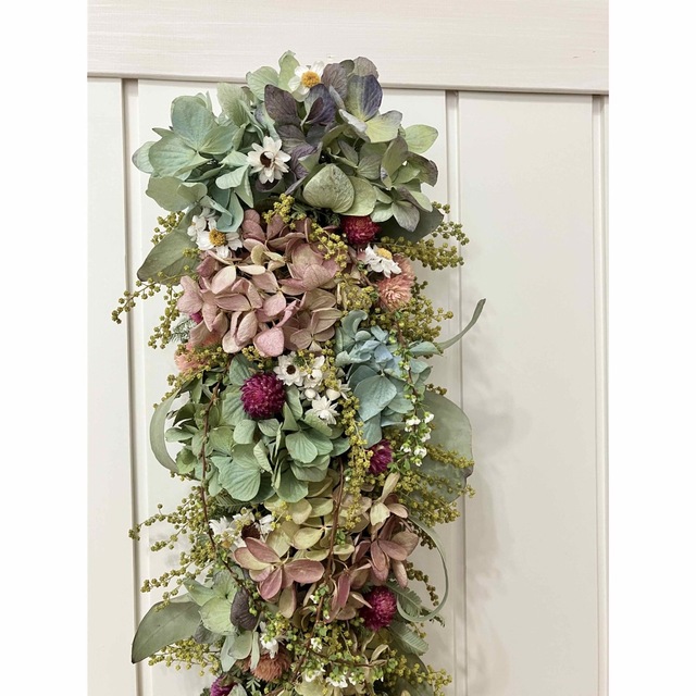 ミモザの蕾と紫陽花の縦長スワッグ☆ドライフラワースワッグ www