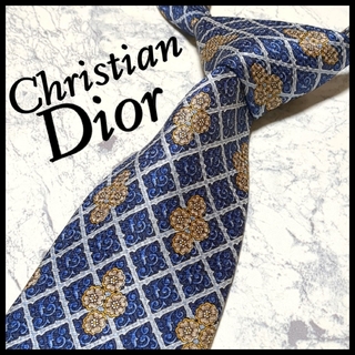 クリスチャンディオール(Christian Dior)の美品 ディオール ブランドネクタイ 青系 チェック 花柄 シルク ビジネス(ネクタイ)