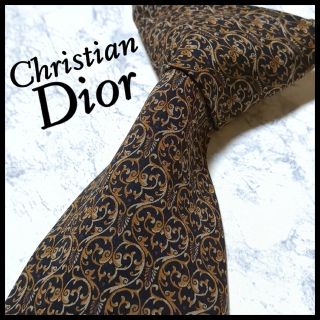 クリスチャンディオール(Christian Dior)の美品 ディオール ブランドネクタイ 黒 リーフ総柄 シルク ビジネス(ネクタイ)