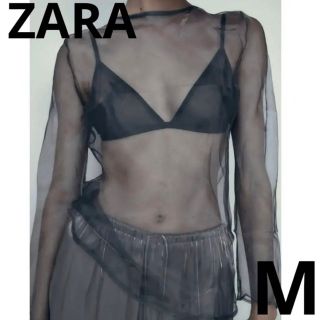 ザラ(ZARA)のZARA プレミアム シースルー ブラウス　ブルー　チュール　インナー　M(シャツ/ブラウス(長袖/七分))