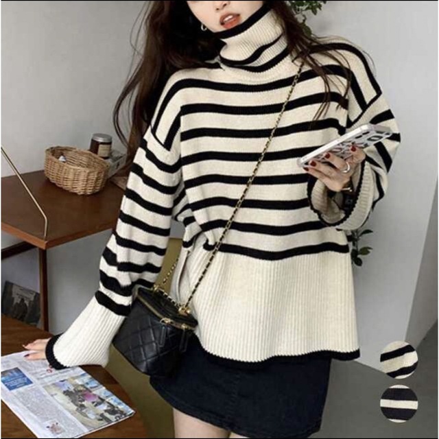 タートルネックボーダーニットトップス冬服レディース サイドスリット