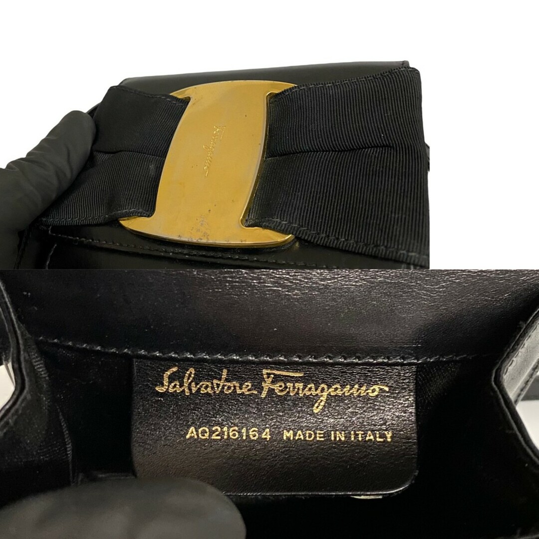 極 美品 Salvatore Ferragamo フェラガモ ヴァラリボン 金具 レザー 本革 ミニ ショルダーバッグ ポシェット ブラック 黒 19188