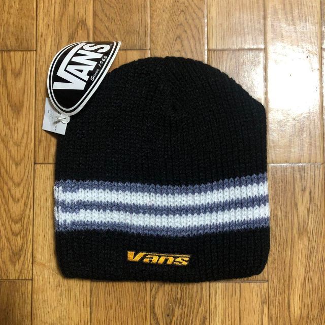VANS(ヴァンズ)の90s フィリピン製 OLD VANS ニット帽 黒 グレー 白 古着 ヴァンズ メンズの帽子(ニット帽/ビーニー)の商品写真