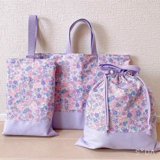 レッスンバッグ 上履き入れ 体操着袋 ハンドメイド リボン花柄パープル(バッグ/レッスンバッグ)