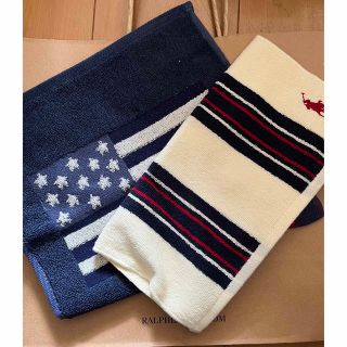 ポロラルフローレン(POLO RALPH LAUREN)の【新品未使用】ラルフローレン　タオルハンカチ2枚セット　USA柄と白地ストライプ(ハンカチ/ポケットチーフ)