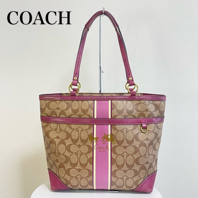 ■美品■ COACH コーチ レザー シグネチャー ハンドバッグ 馬車 ピンク