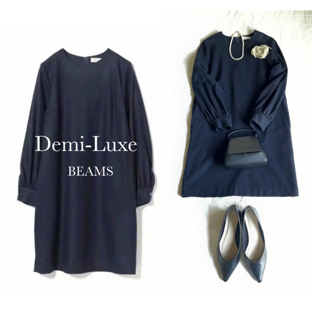 Demi-Luxe BEAMS(デミルクスビームス)のDemi-Luxe BEAMS ■ クルーネック ウール ワンピース ネイビー レディースのワンピース(ひざ丈ワンピース)の商品写真