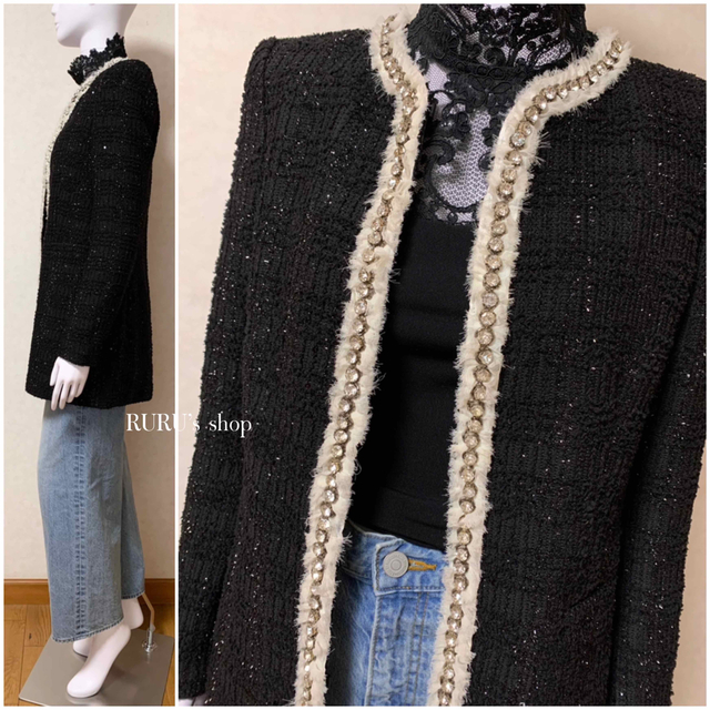 新品 alice+olivia ラメツイード×ビジュー刺繍 ロングジャケット 黒
