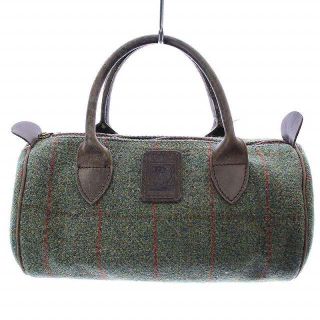 ハリスツイード(Harris Tweed)のハリスツイード ハンドバッグ 筒型 レザー ツイード 緑 グリーン 茶 ブラウン(ハンドバッグ)