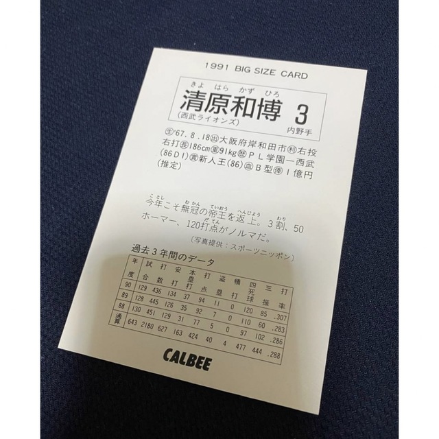 激レア 1991 カルビー野球カード 当選品 ビックカード 清原和博 西武