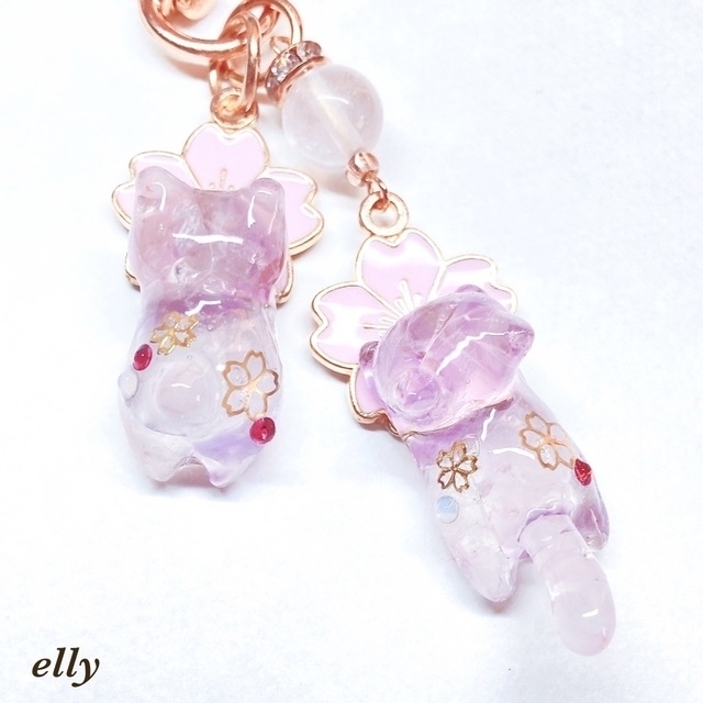 ハンドメイド 天然石 ローズクォーツ アメジスト 猫 桜 バッグチャーム