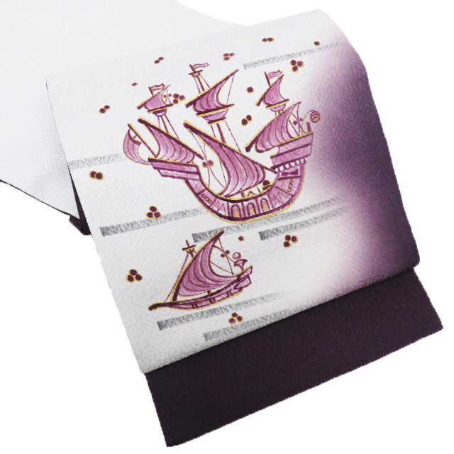 帆船の図 個性豊かな逸品 月白色 似紫色 袋帯 A821-12