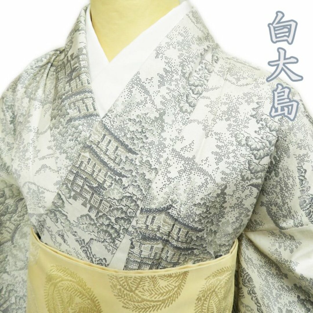 白大島 紬 風景 三重塔 オフホワイト 黒色 着物 A821-4 L | labiela.com