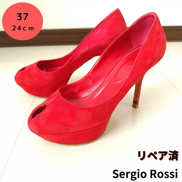 37ヒールsergio rossi【セルジオロッシ】ピープトゥパンプス スエード 赤24㎝