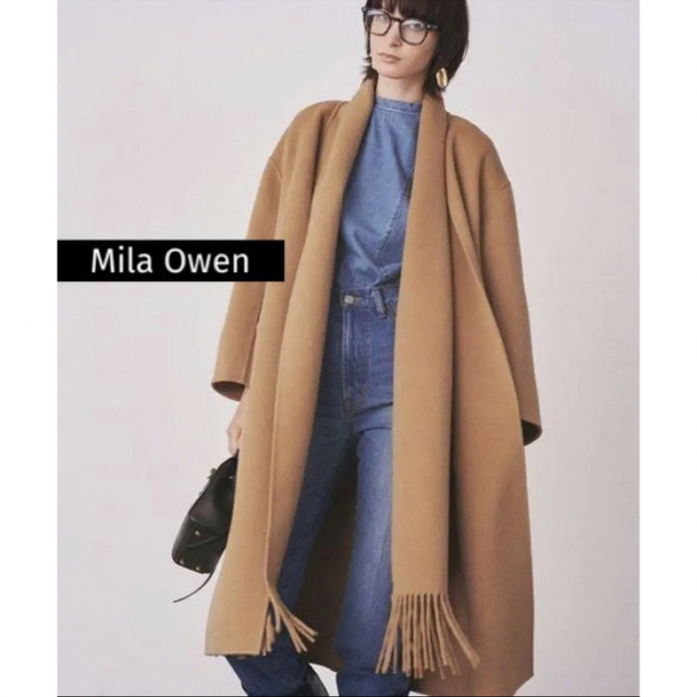 Mila Owen(ミラオーウェン)のMila Owen フリンジストール付接結ロングコート 0 キャメル レディースのジャケット/アウター(ロングコート)の商品写真