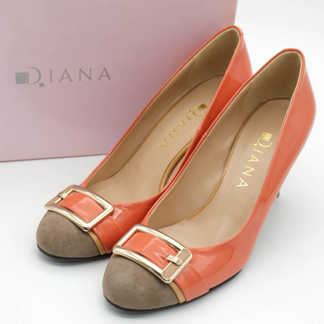ダイアナ パンプス ラウンドトゥ バックル スエード/エナメル レザー 日本製 シューズ 靴 レディース 23cmサイズ オレンジ DIANA 