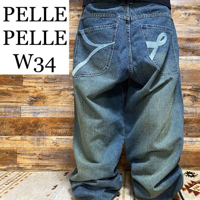 PELLE PELLE - ペレペレデニムジーンズストリートw34刺繍ジーパン極太b系y2kバギーパンツ古着