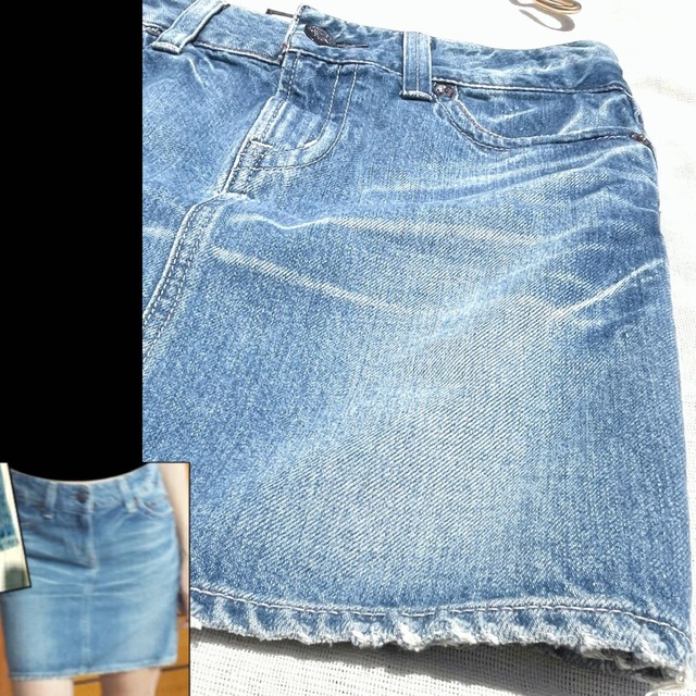 kariang(カリアング)のデニムスカート ブルー ピンク 革 レザー タイト 美シルエット ヴィンテージ レディースのスカート(ミニスカート)の商品写真