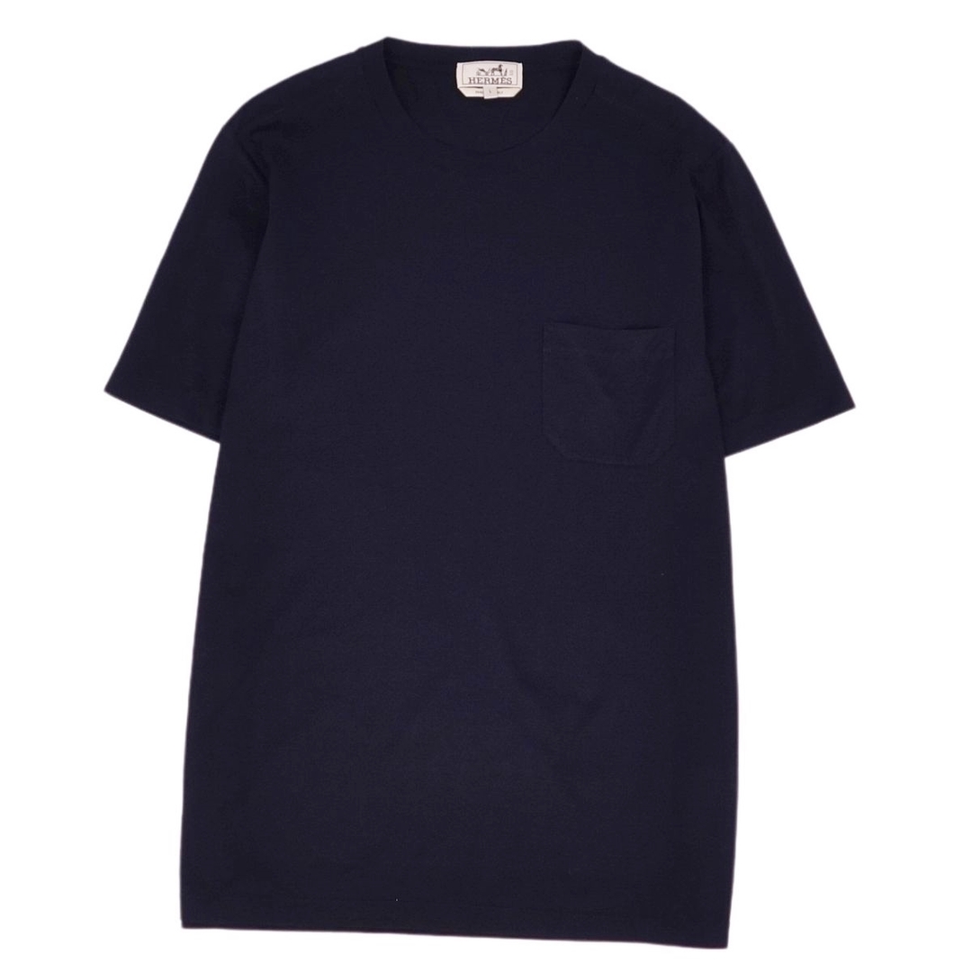 美品 エルメス HERMES Tシャツ カットソー 半袖 ショートスリーブ 無地 コットン トップス メンズ L ネイビー約23cm