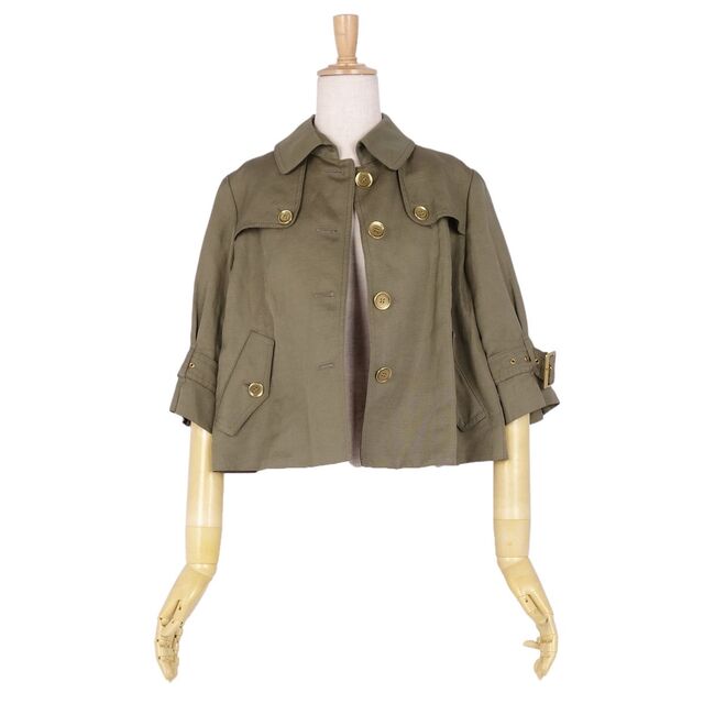 美品 バーバリー ロンドン BURBERRY LONDON ジャケット シルク リネン 七分袖 ショート丈 レディース アウター 38(M相当) カーキ
