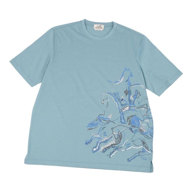 極美品 エルメス HERMES Tシャツ 2022SS カヴァルカード コットン 半袖 クルーネック メンズ トップス L ブルーグリーン