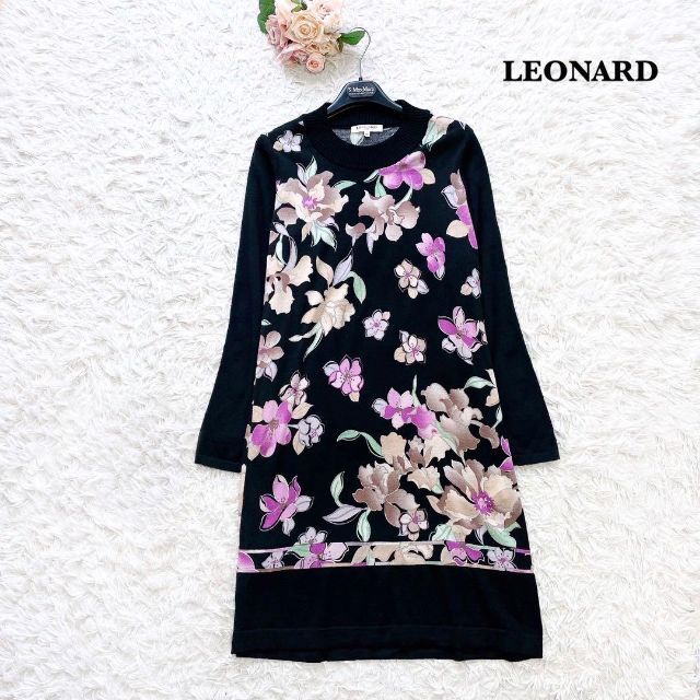 美品】LEONARD ニットワンピース ひざ丈 花柄 大きいサイズ 42