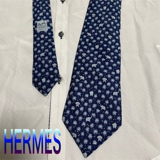 エルメス(Hermes)のエルメス　ネクタイ【美品】小紋柄　厚手　ネイビー系(ネクタイ)
