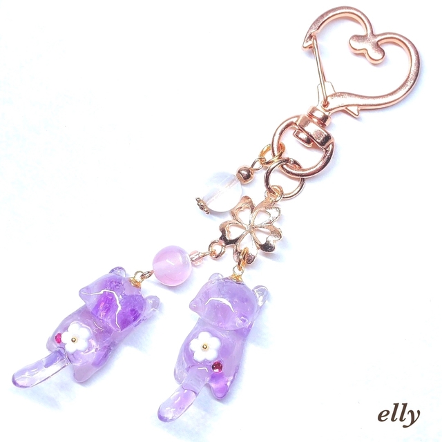 ハンドメイド 天然石 アメジスト 桜 ジャンピング猫 レジン バッグチャーム