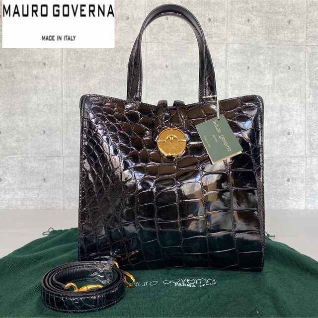 美品】MAURO GOVERNA シャイニングクロコ 黒 2WAYハンドバッグ-