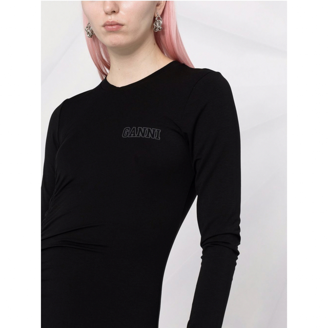お買い得 新品 未使用 GANNI ロゴ Tシャツ シャーリング ワンピース