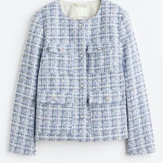 エイチアンドエム(H&M)の【新品未使用】H&M テクスチャードジャケット　ライトブルー／チェック(ノーカラージャケット)