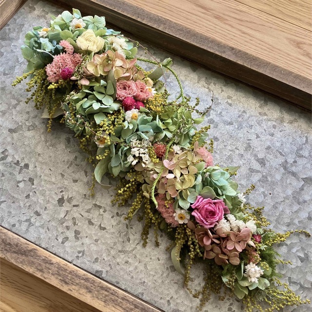 新品大得価 ミモザと紫陽花の縦長スワッグ☆ドライフラワースワッグの